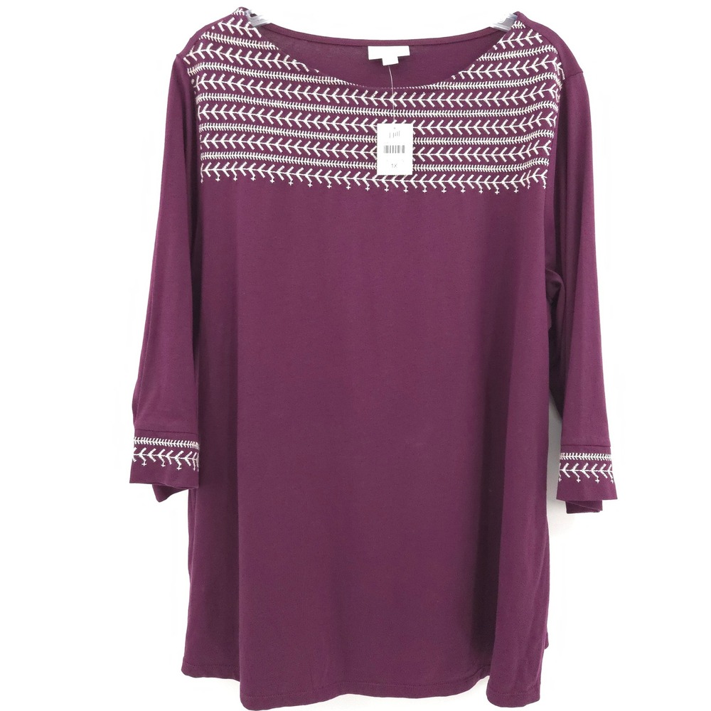 J. Jill Embroidered Top NWT Womens 1X Cassis Purple 3/4 Sleeve Cotton 209284